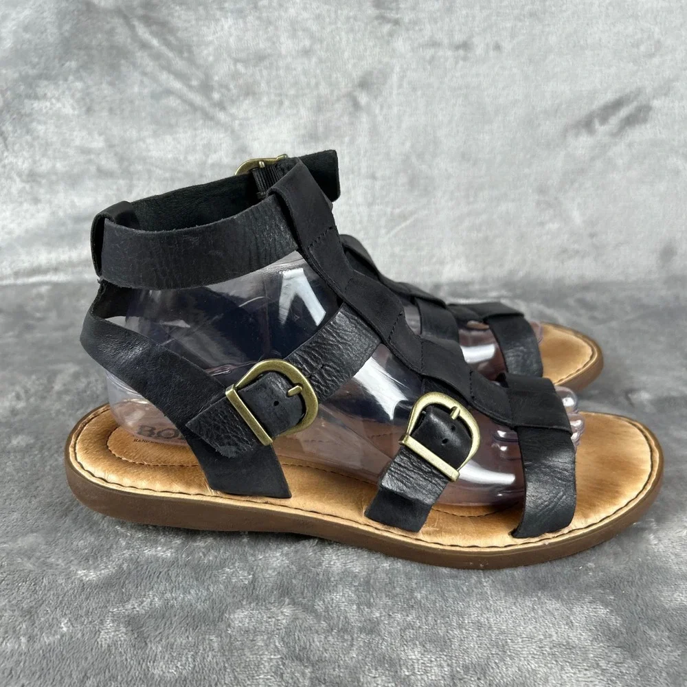 Born Haidee Black Leather Gladiator Sandals Womens 10 M BR0046903 Flat Strappy